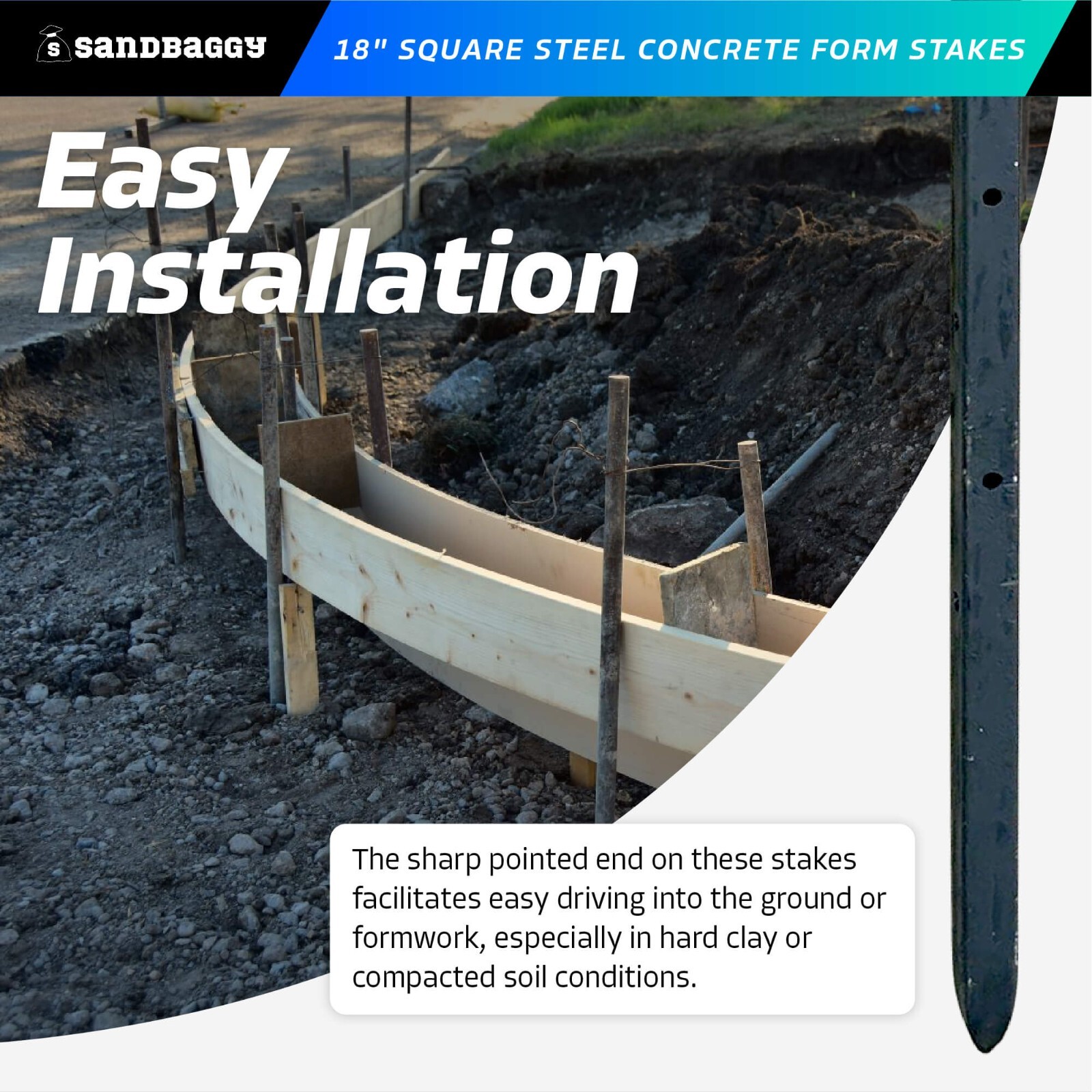 Sandbaggy 5/8" x 18" Square Steel Concrete Form Stakes w/ Nail Holes - Rebar Pin