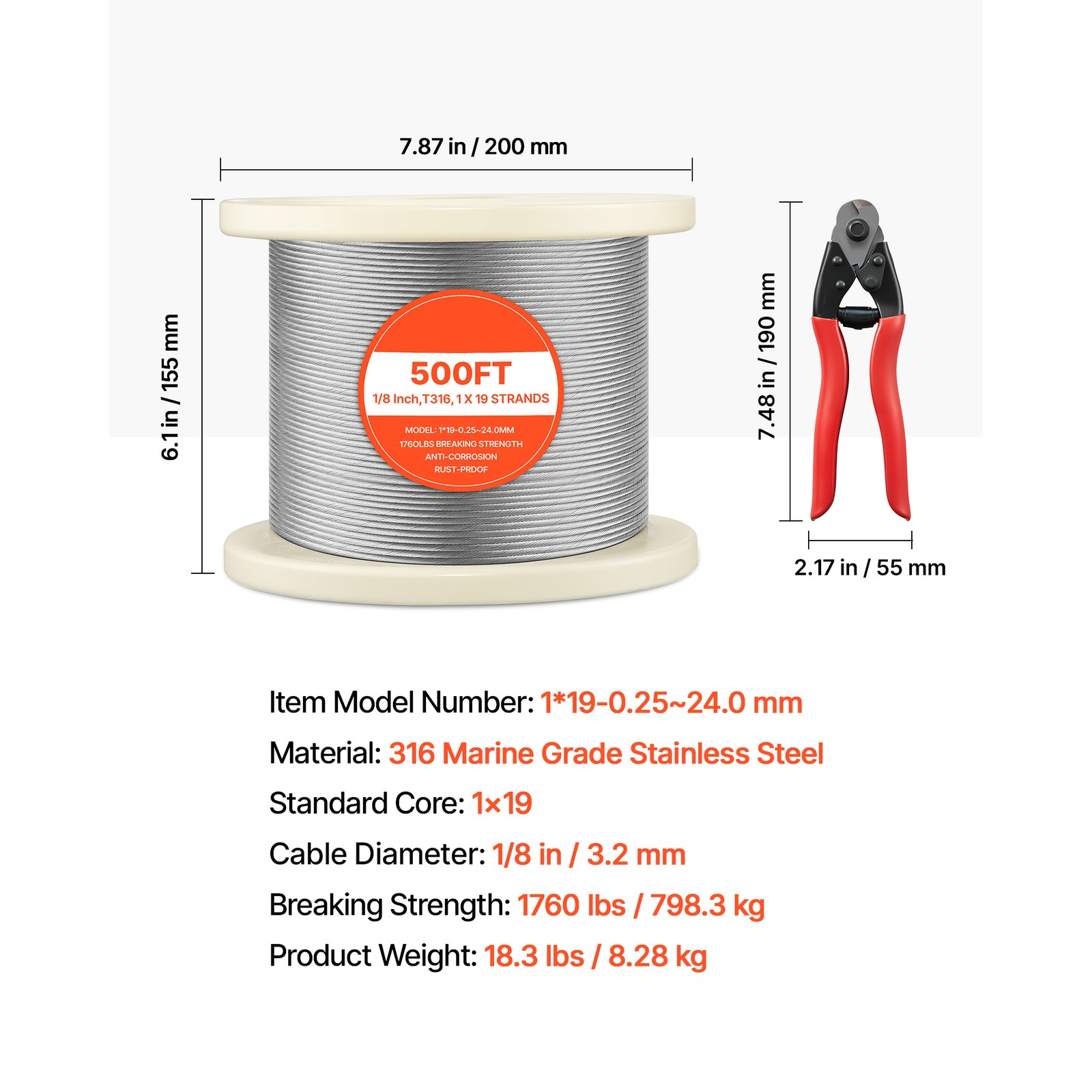 Uimoso 316 Stainless Steel 1/8 in Wire Rope, 1x19 Strand, 500 ft for Railing