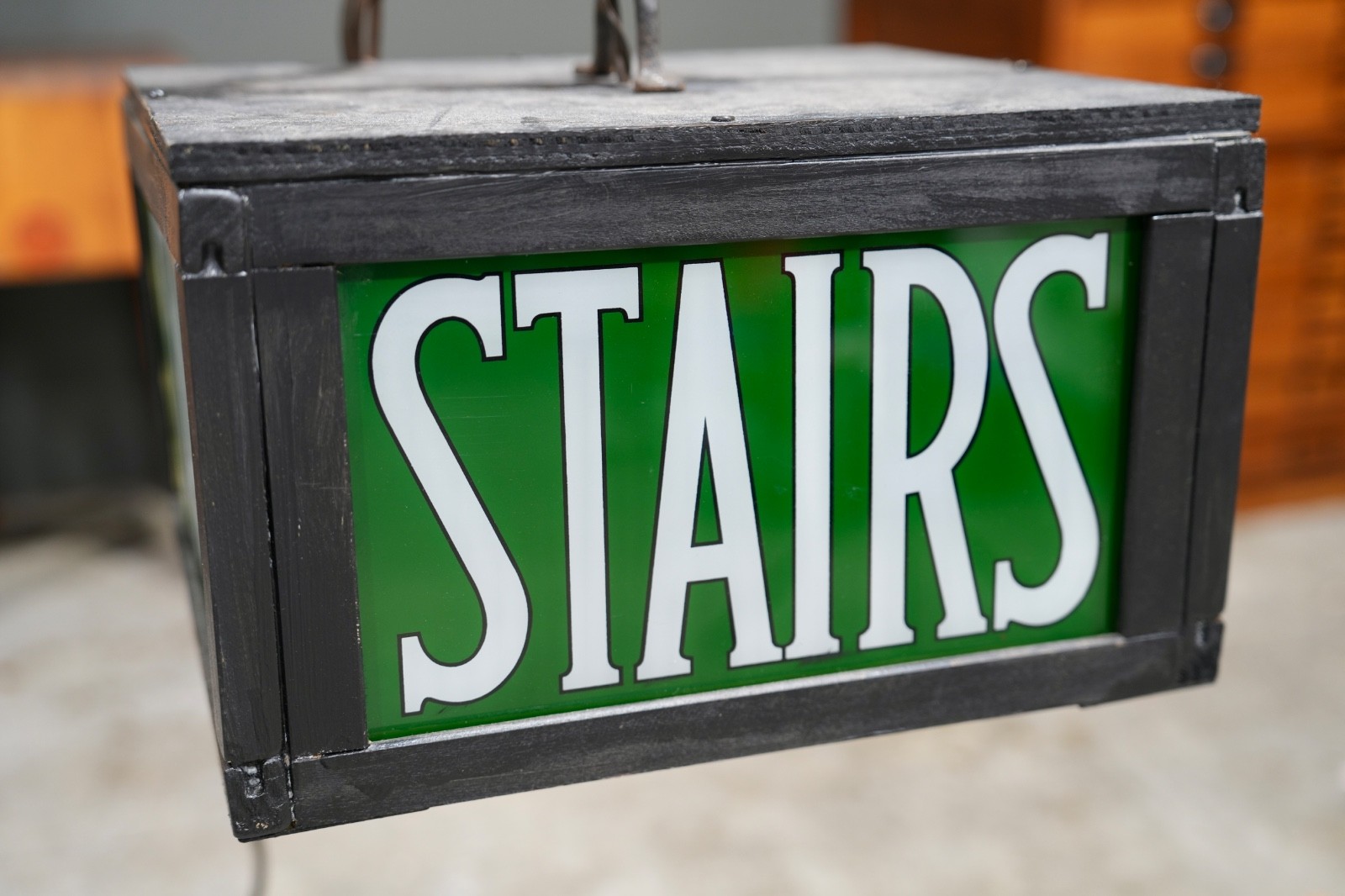 Vintage Stairs Lighted Sign Reverse Painted Glass Green Exit Light Stairway