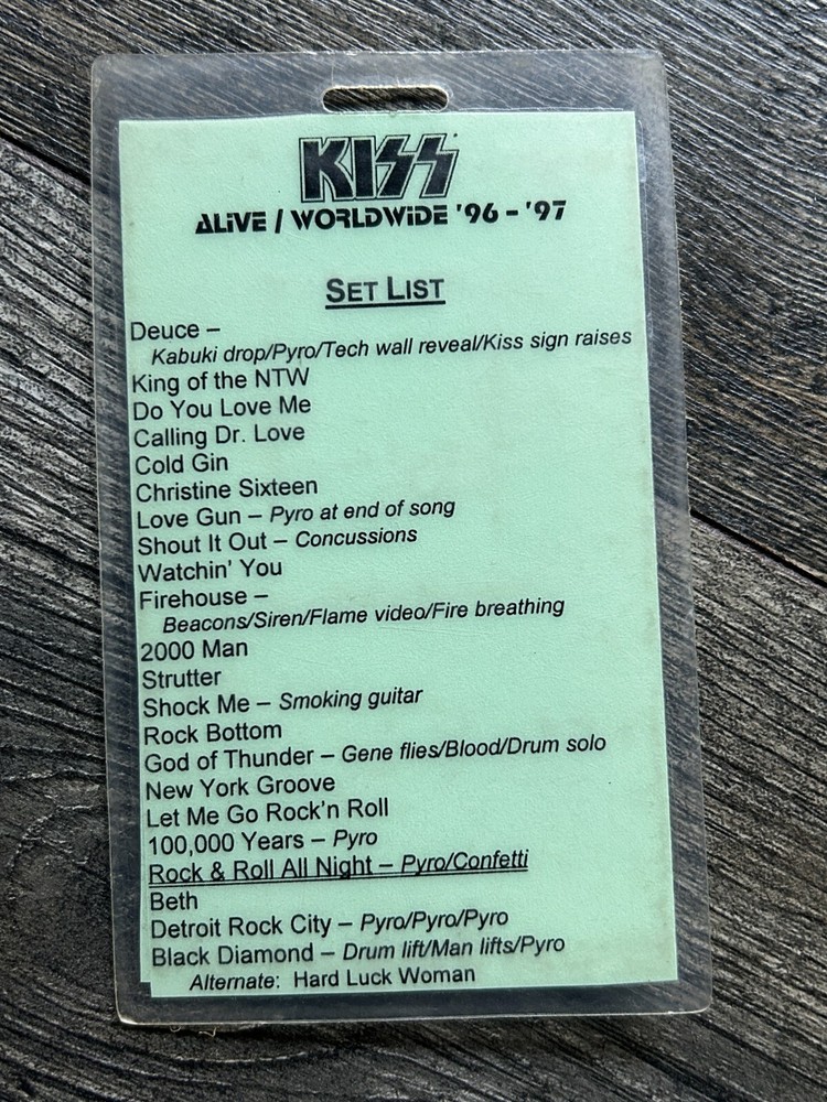 KISS LAMINATE PASS Reunion Tour Set List HardLuckWoman +Pyro Cues 2 Vintage Kiss