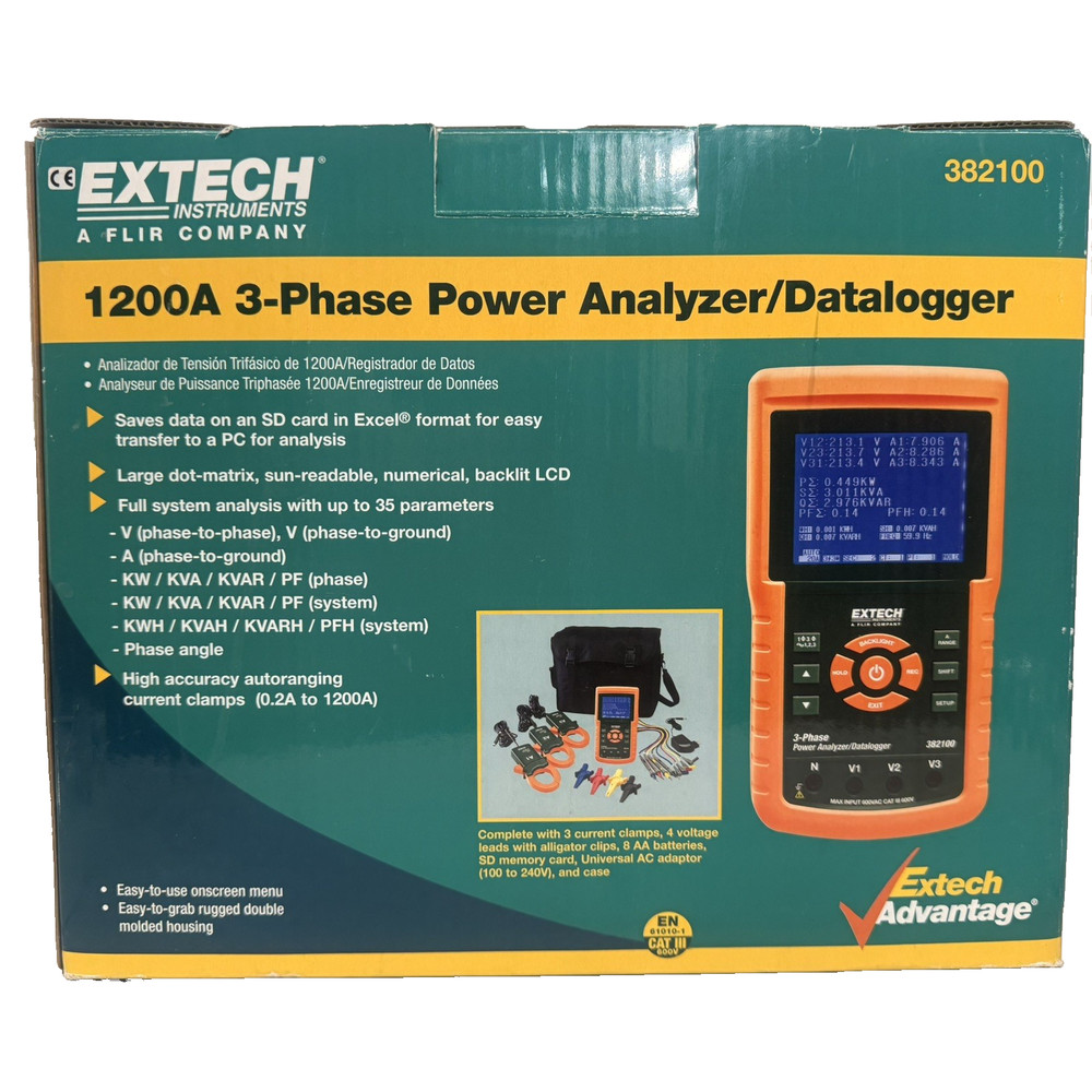NEW OPEN BOX Extech 1200A 382100 3-Phase Power Analyzer/Datalogger