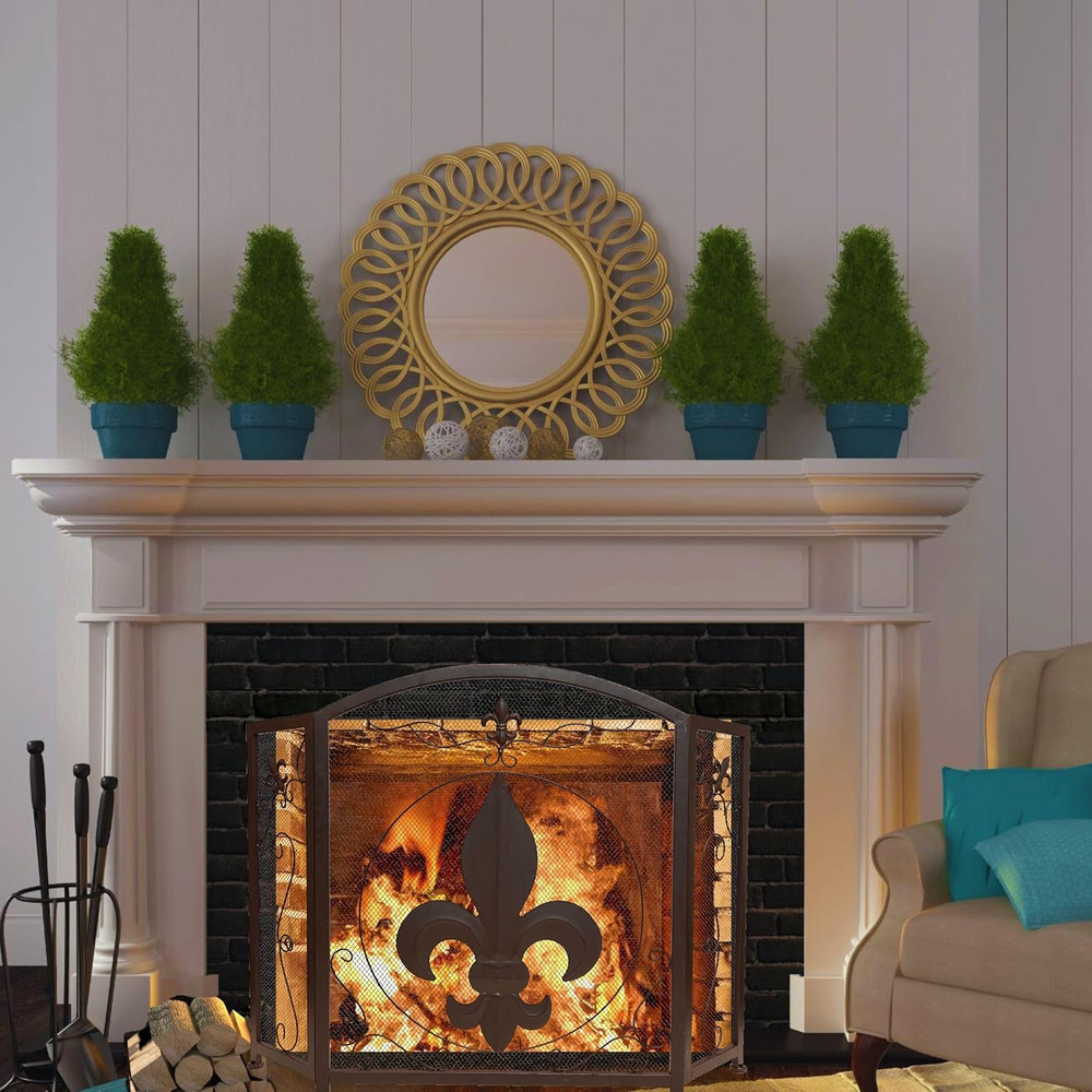 3-Panel Fireplace Screen Decorative with Fleur De Lis Design, Classic Dark Brown