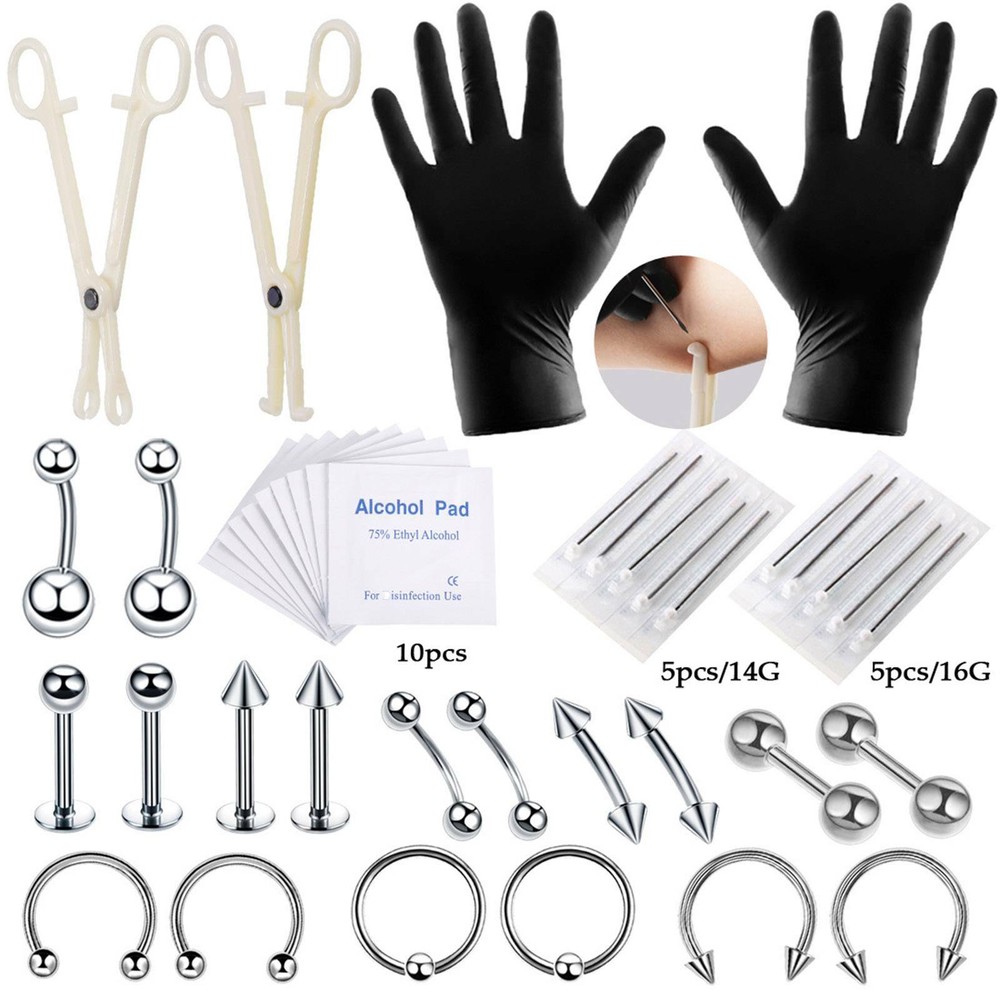 42Pcs Body Piercing Tools Kit Eyebrow Lip Ear Stud Belly Button Ring Needles US