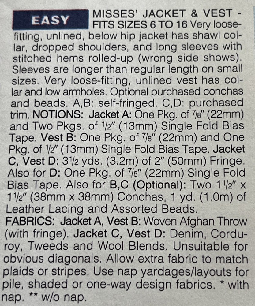 1995 Butterick Pattern 3857 Below Hip Jacket & Vest UNUSED