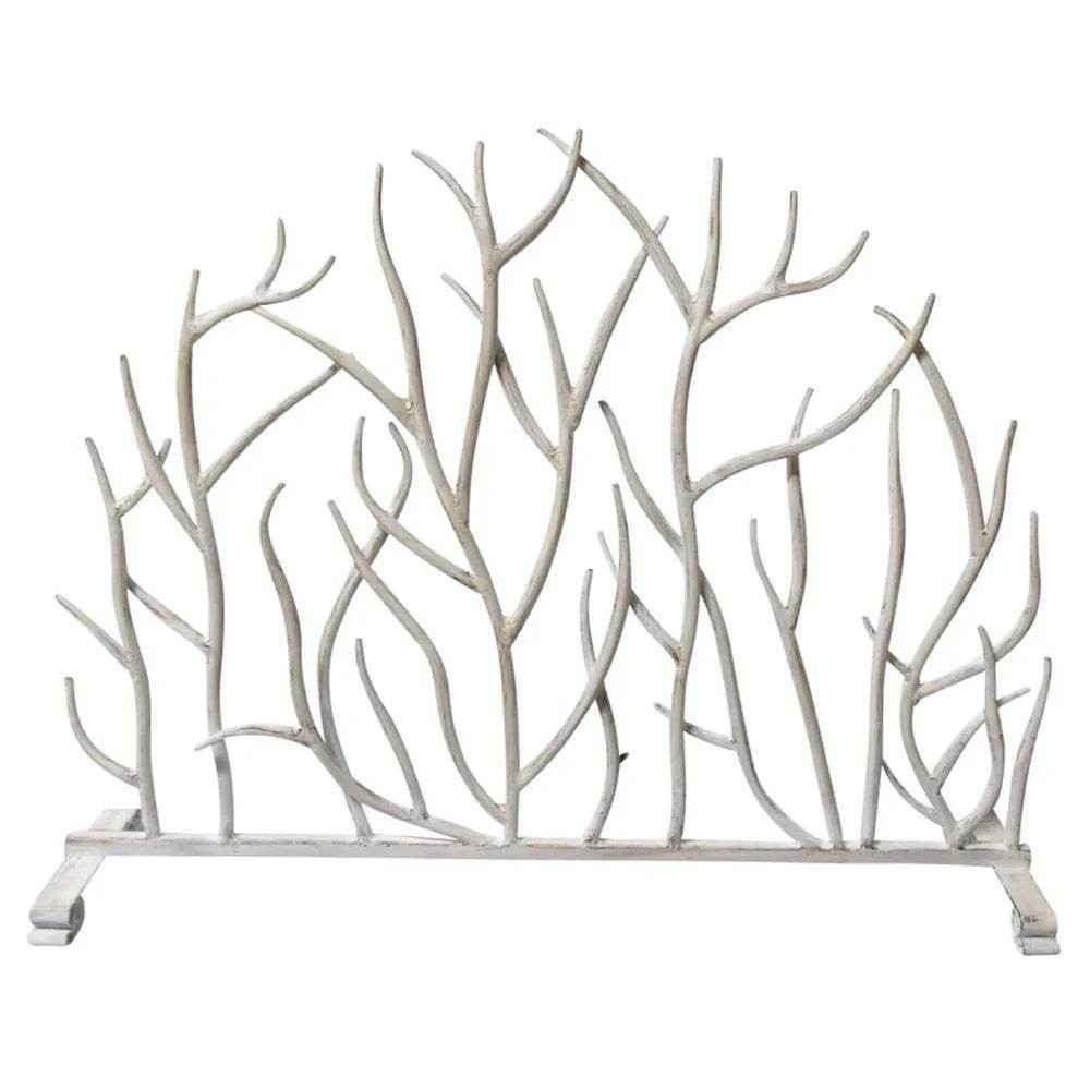Single Panel Fireplace Screen in Antique White Iron Twig Design