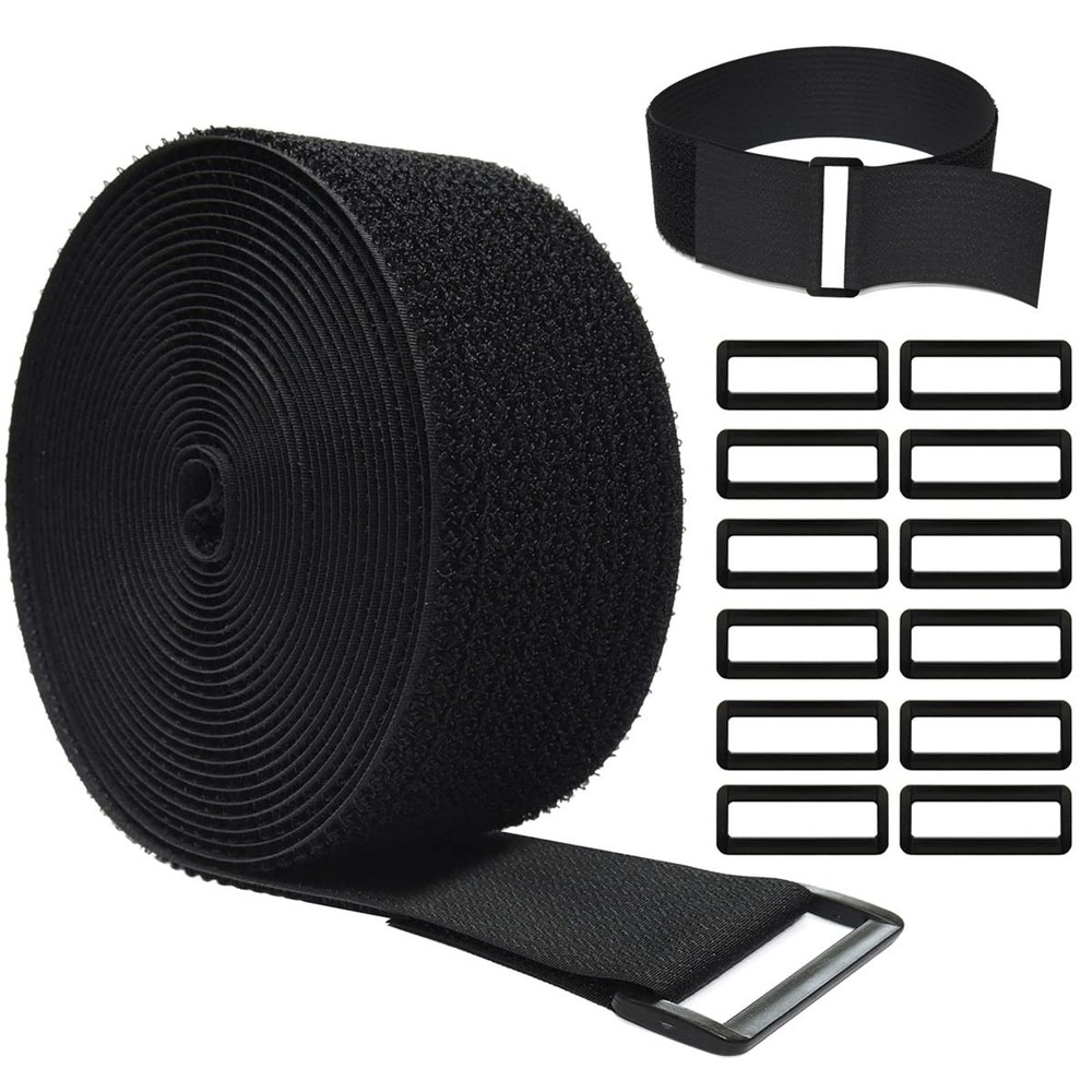 16ft x 2in Adjustable Reusable Hook  Loop Cable Straps with 12 Buckles - Black