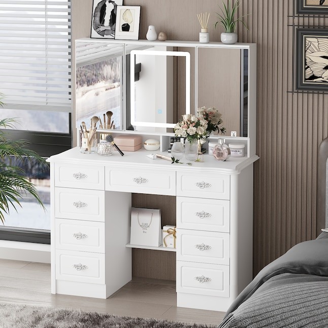 FUFU&GAGA 43.3-in White Makeup Vanity With Led Light