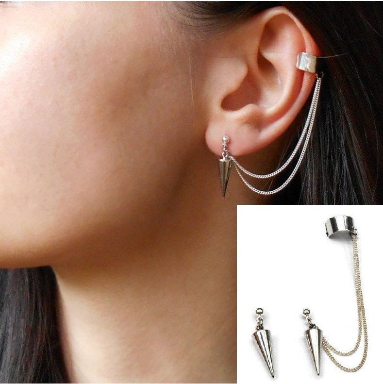 Punk Rock Rivets Chain Tassel Dangle Ear Stud Cuff Wrap Earrings Eardrop