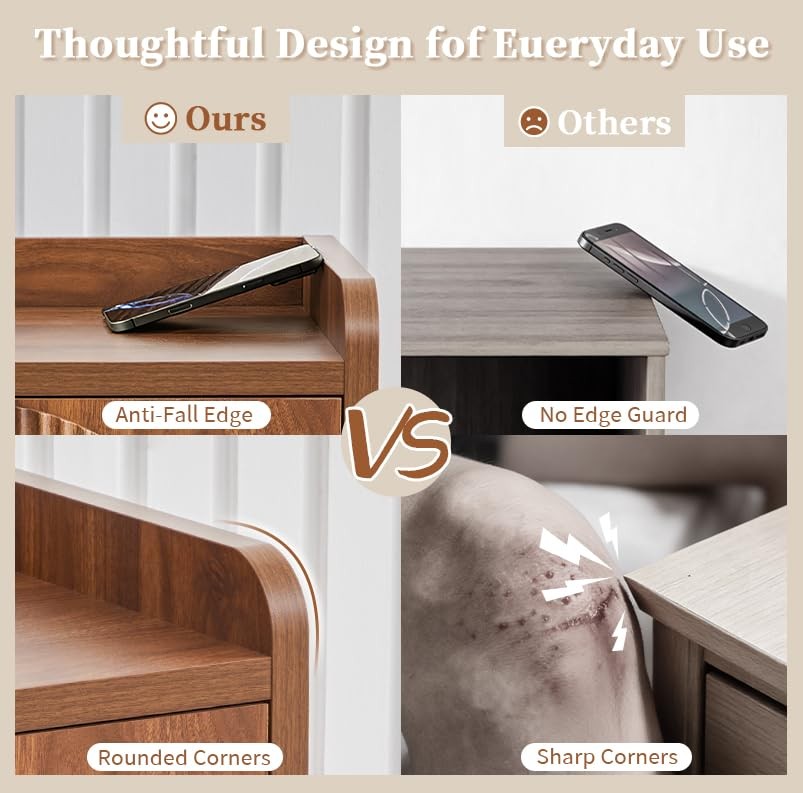 24 Inch Wide Fluted Nightstands Set of 2 Large Night Stand with 2 Drawers