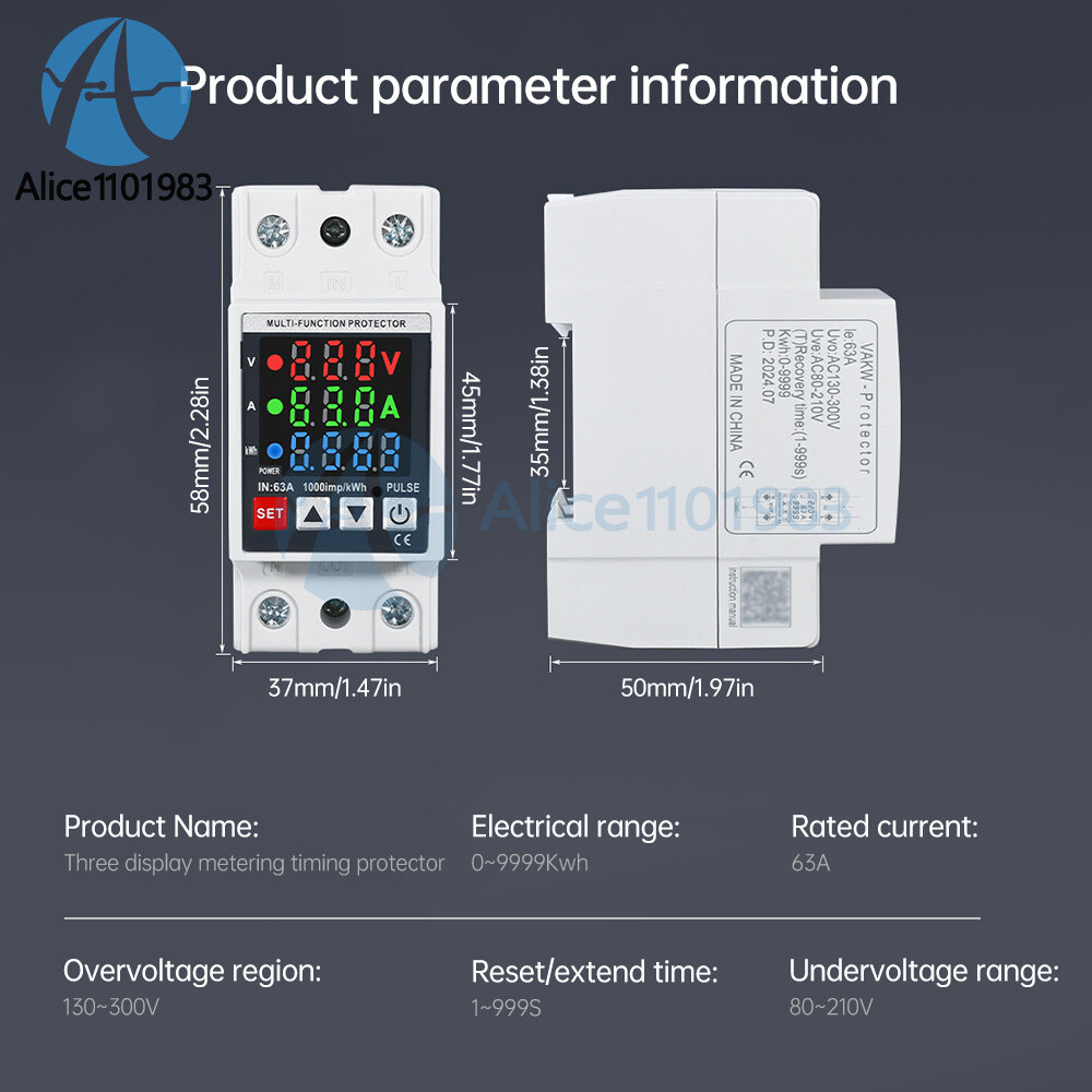 Voltage Current Power Meter 35mm Rail Overcurrent Undervoltage Protector 63A