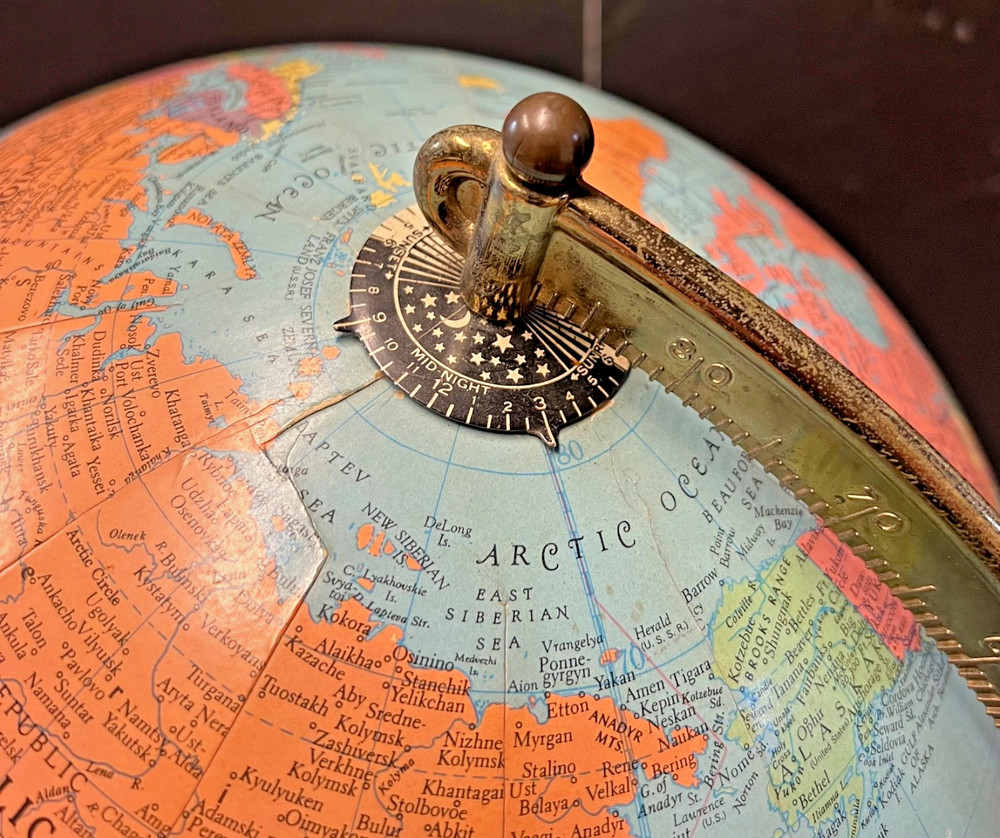 Vintage 1950s 12" REPLOGLE REFERENCE GLOBE, MCM Modern Wood Base, NICE