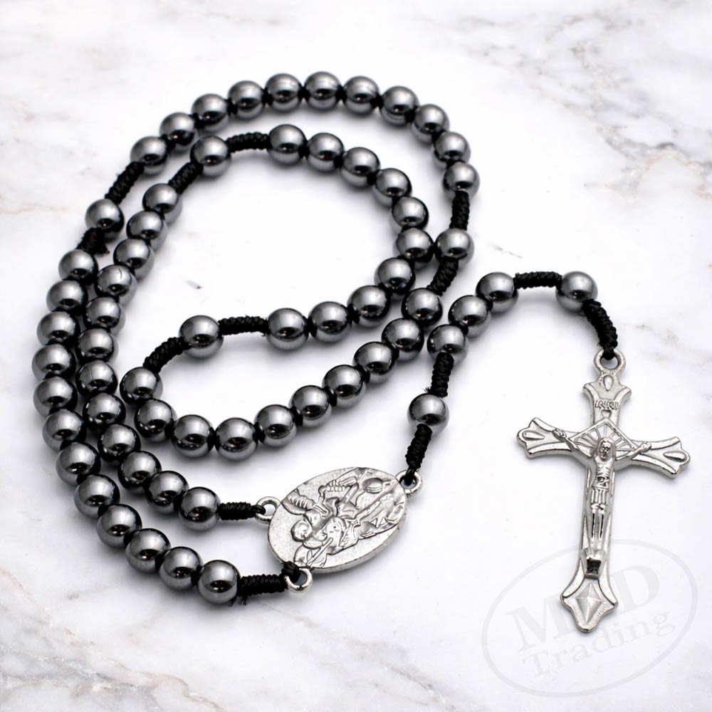 Saint St Michael Hematite Rosary – 12.5" Length – Black 6mm Prayer Beads