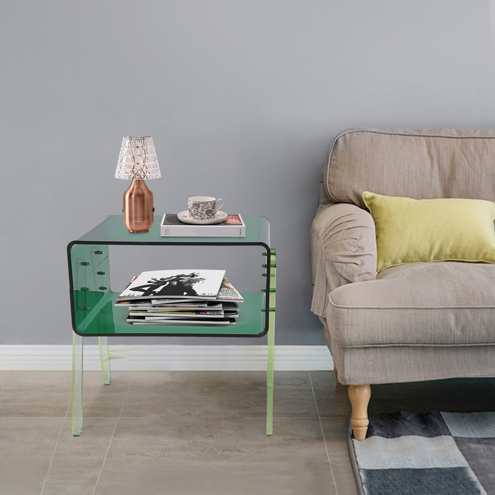 Acrylic Side Table, Green 2-Tier End Table with Open Storage for Small Spaces