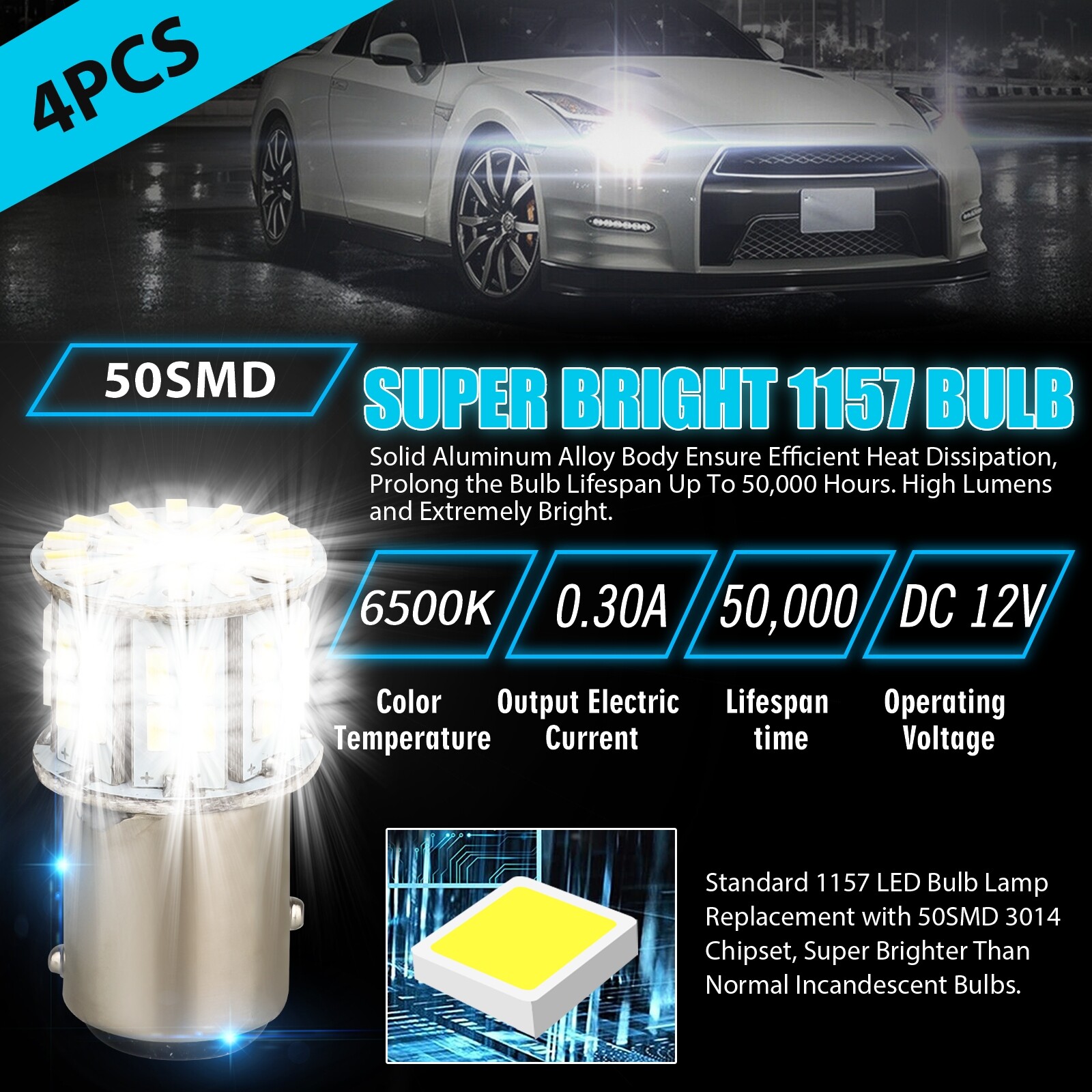 4x 1157 50-SMD LED Tail Brake Stop Reverse Parking Light Bulbs 6000K Super White