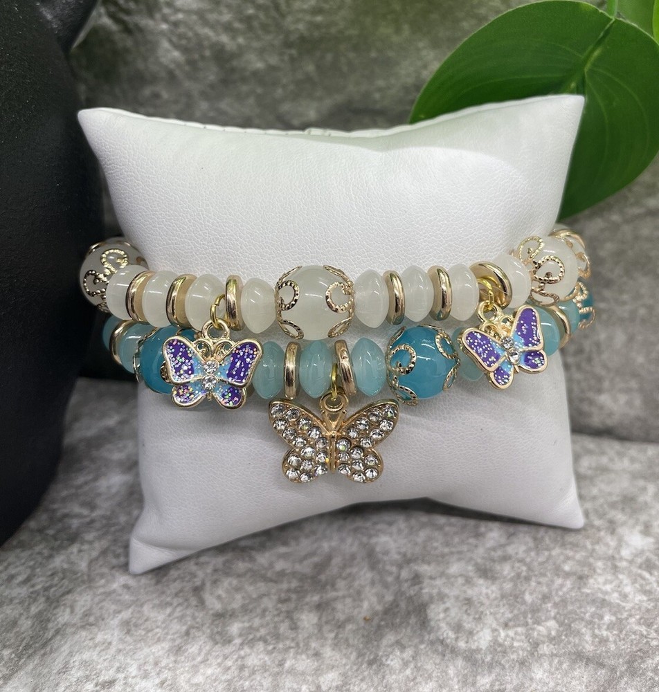 2 PC Handmade Boho  Beaded Stackable 6.5” Plus Stretch Bracelet Set New B1183