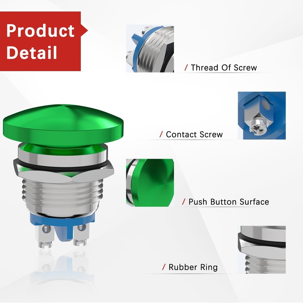 16MM Mushroom Head Push Button Switch Momentary Push Button IP65 Waterproof 12V