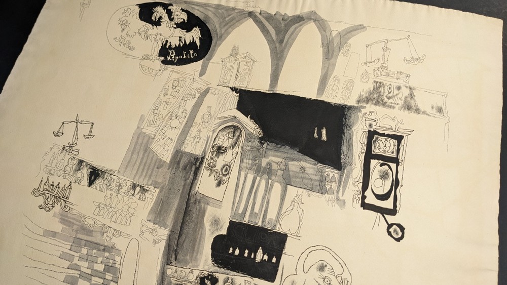 Fritz Kreidt, abstract room composition, drawing, unsigned