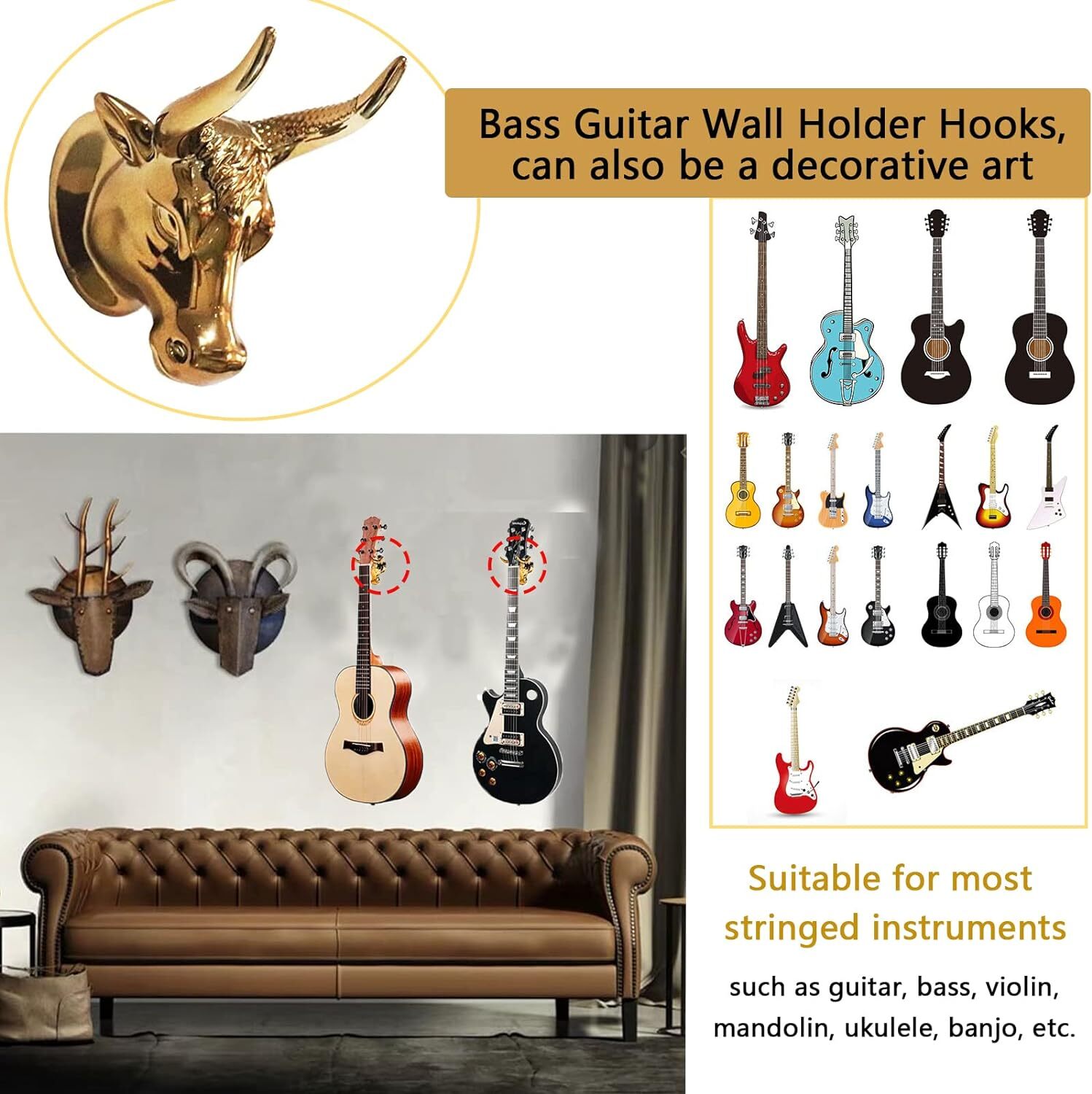 Bull Head Guitar Hangers Wall Mount Adjustable Hook Holder Instrument Display US