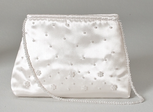First Communion Beaded Satin Purse w/ Faux Pearl Handle