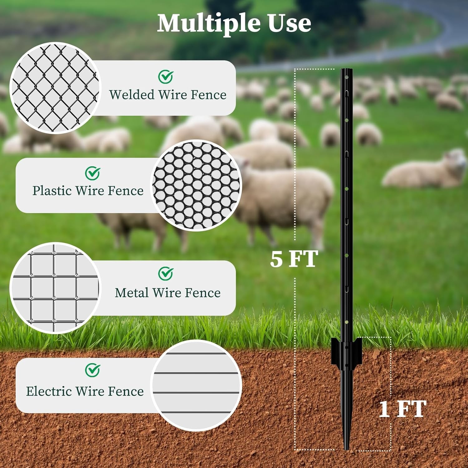 Metal Fence Post 5 Feet Black, Pack of 10, T Post for Wire Fence, Rustproof U Po