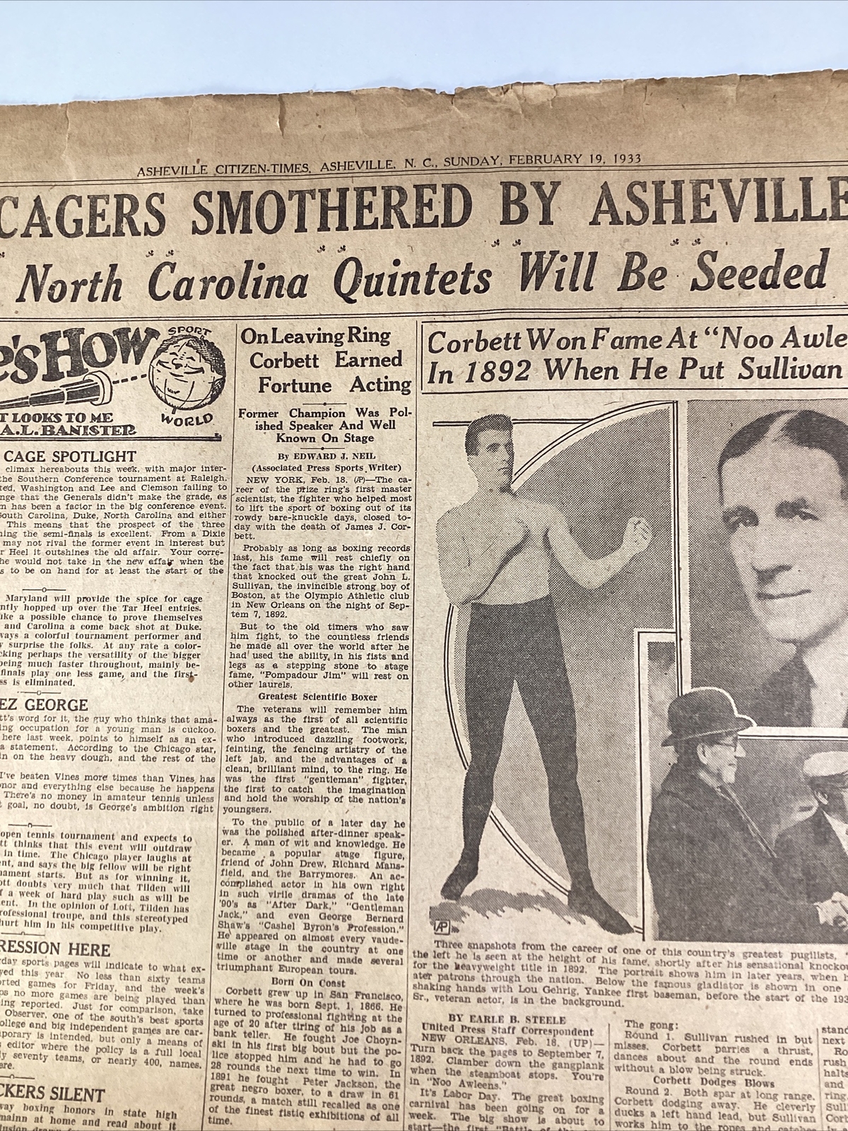 Ashville NC Newspaper Feb 19, 1933 Boxer Jim Corbett Dempsey Lou Gehrig Haverty