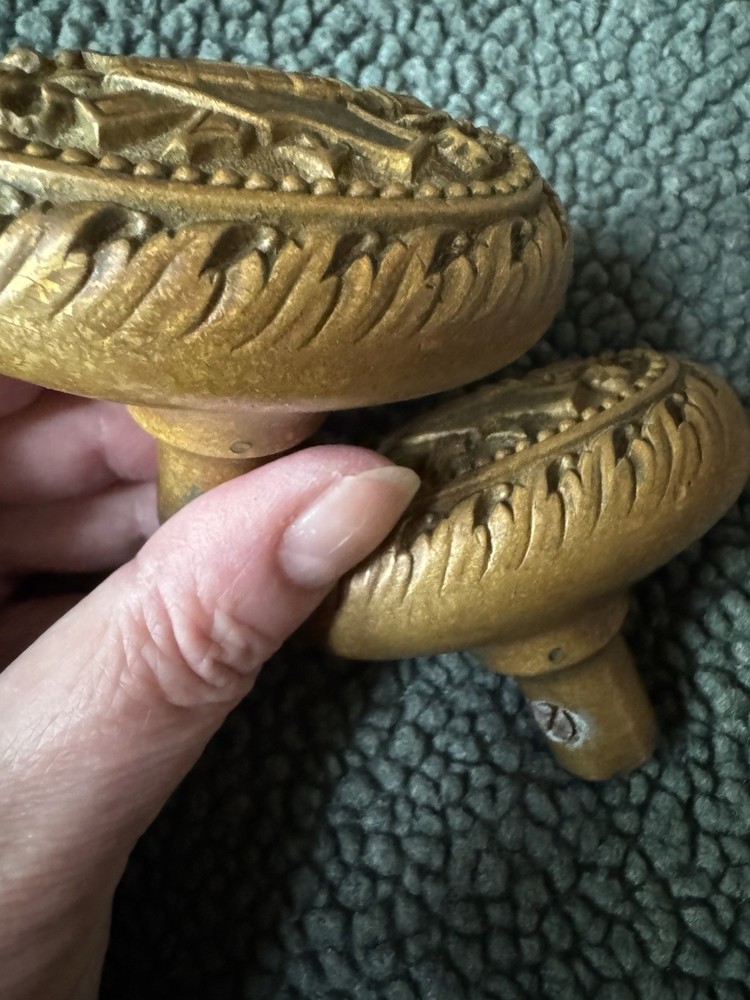 Antique Victorian Brass Oval Door Knobs Shield & Belt Garter Design