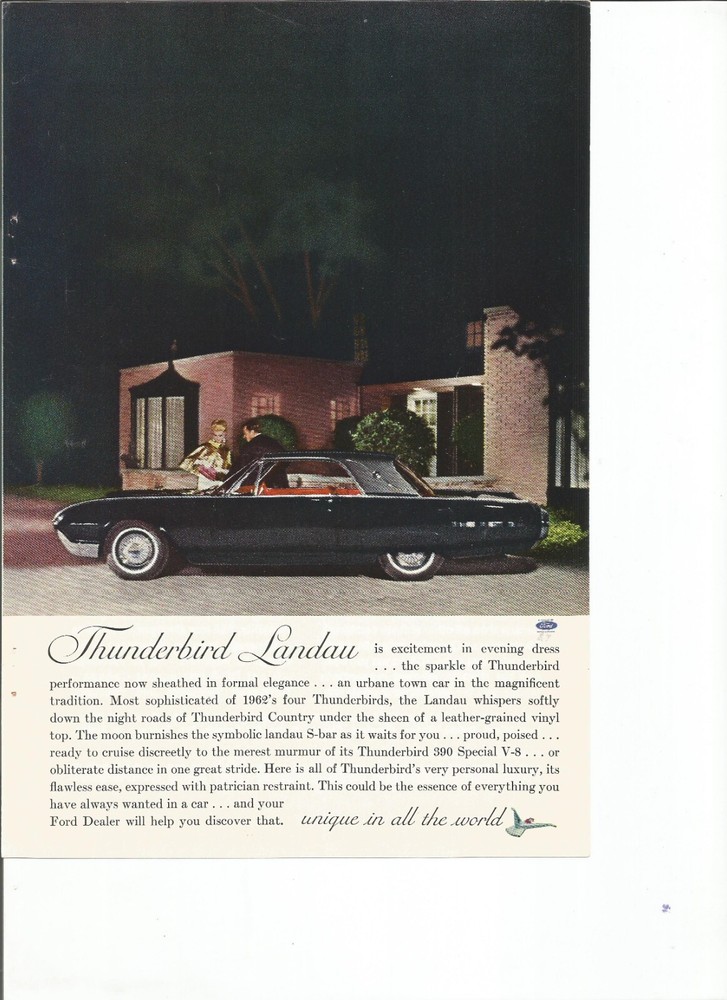 Original 1962 Ford Thunderbird Coupe print ad: "Thunderbird Landau is excite..."