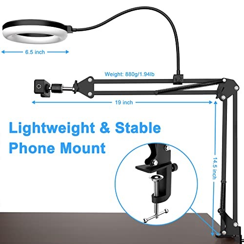 Overhead Camera Mount with Ring Light, 6‘’ Overhead Phone Mount 6"Light