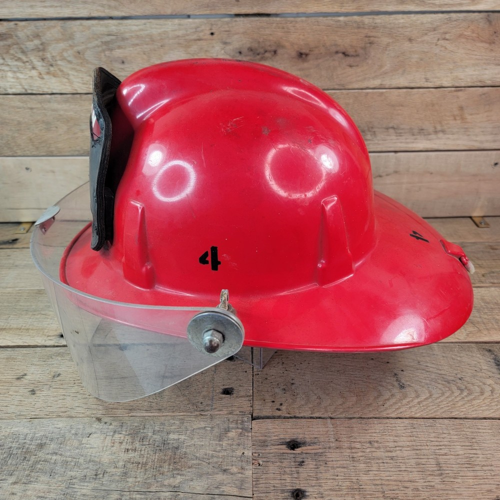 Fireman’s Helmet MSA TOPGARD RED Adjustable Size 1969 Class D BFD Leather Patch