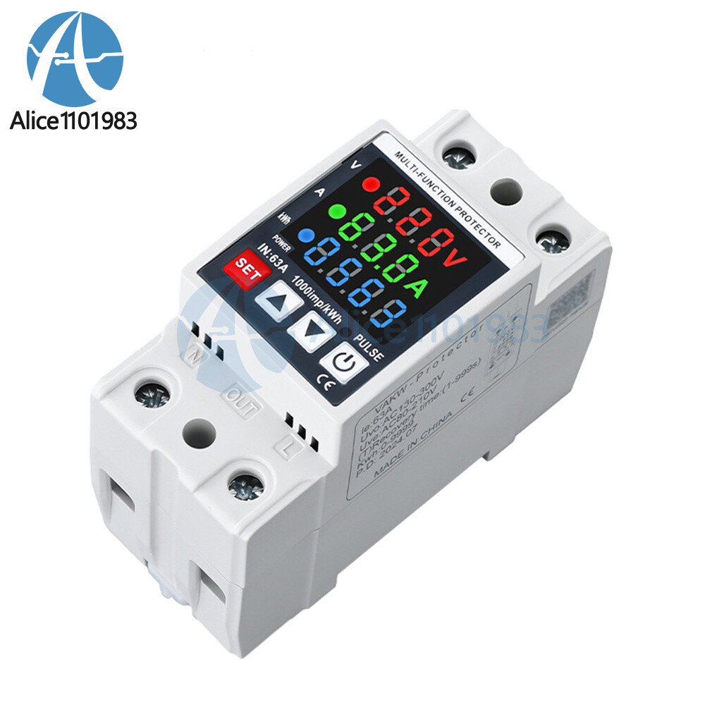 Voltage Current Power Meter 35mm Rail Overcurrent Undervoltage Protector 63A