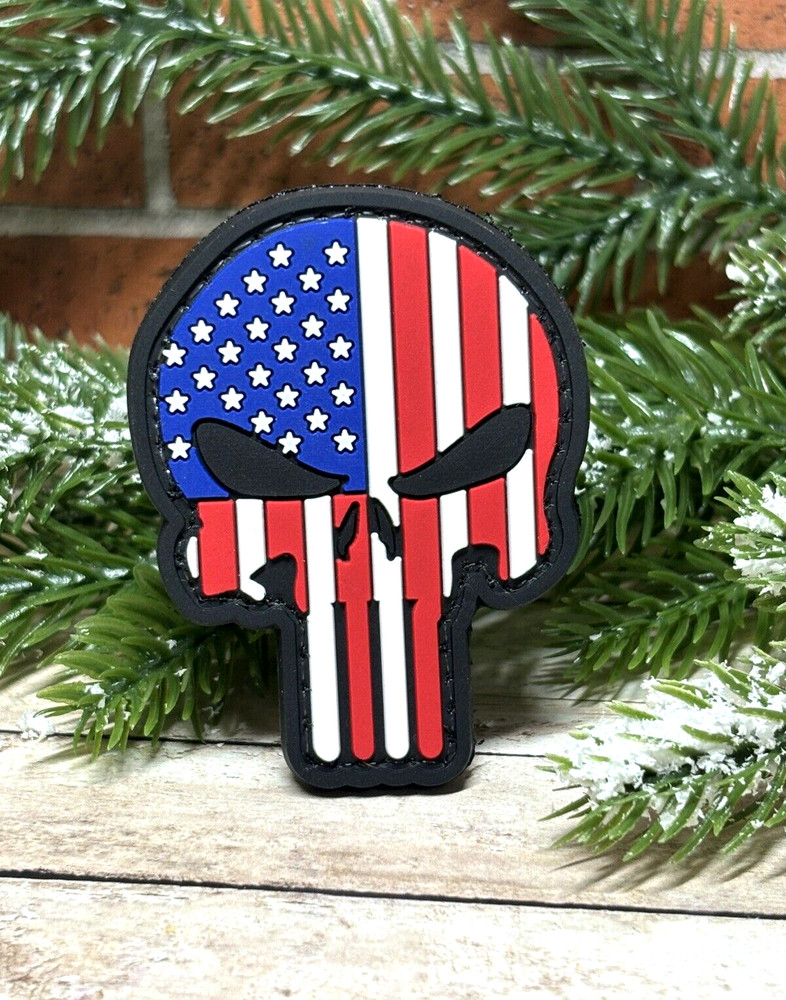 Punisher PVC Patch - Tactical Morale Red White & Blue Flag Patch - Skull Patch