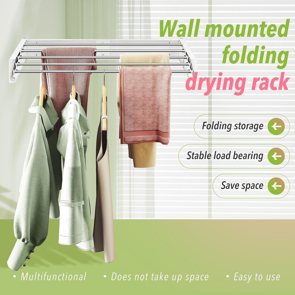 Foldable Wall-Mounted Laundry Drying Rack - Compact, Durable, White Steel