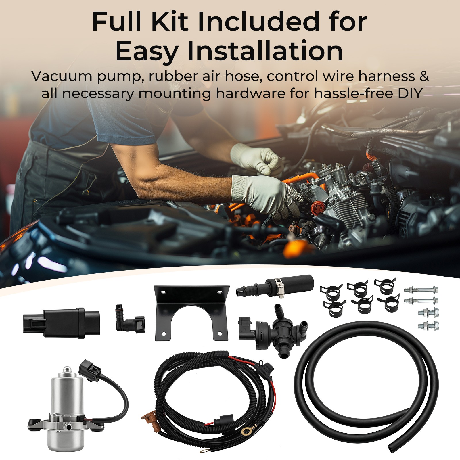 18 to 22" Electric Vacuum Pump Install Kit 12 Volt Fit for Brake Booster System