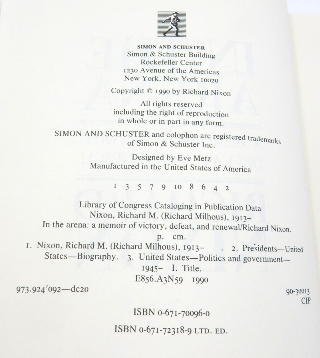 SIGNED PRESIDENT RICHARD NIXON HARDCOVER BOOK IN THE ARENA 1990 SIMON & SCHUSTER