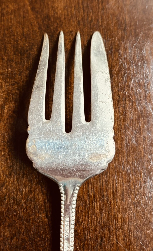 Beaded MEAT FORK EXTRA PLATE COIN SILVER ~ 8"