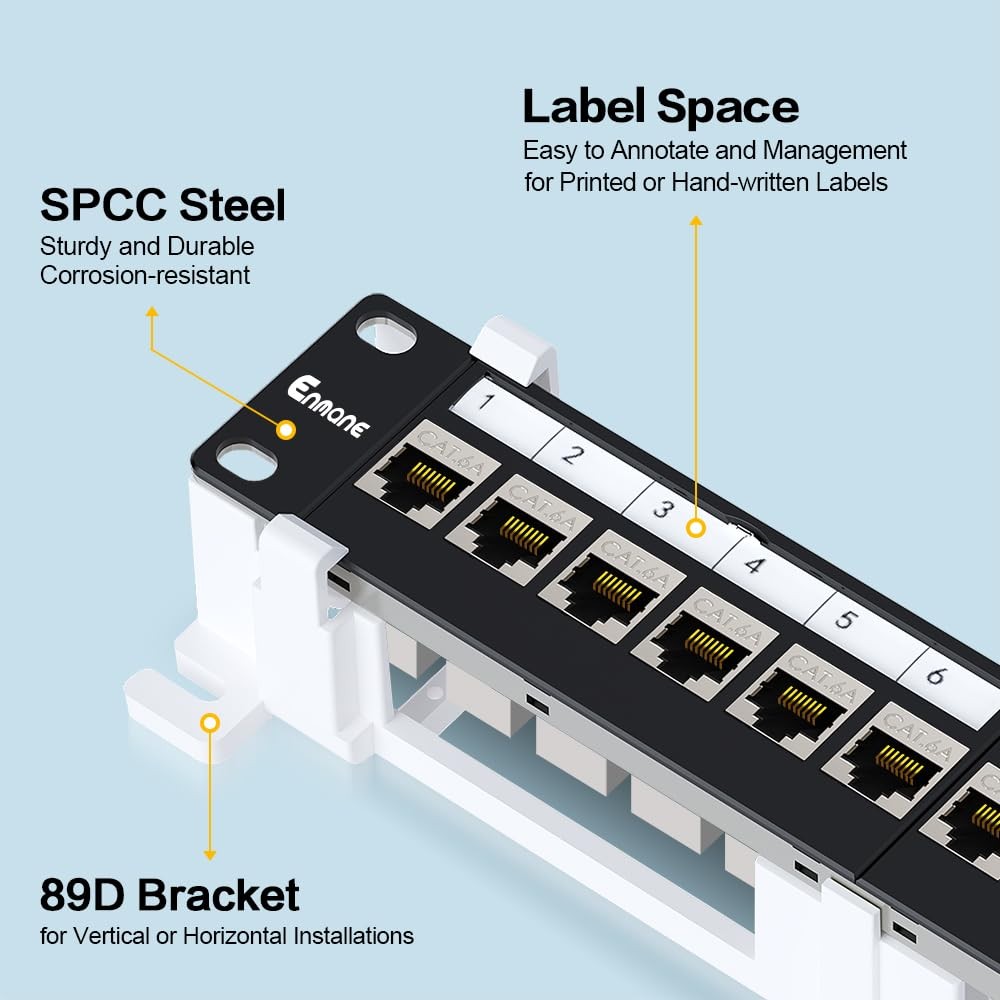 Enmane 12 Port Patch Panel CAT6a Patch Panel (EC Listed) Wall Mount 10 Inch Brac