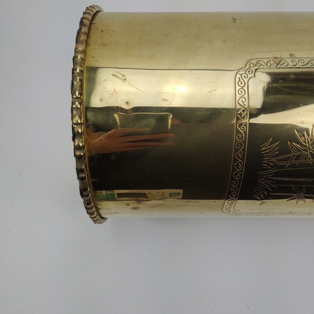 Vintage Brass Umbrella Cane Holder Stand 18" with Decorative Handles Asian Motif