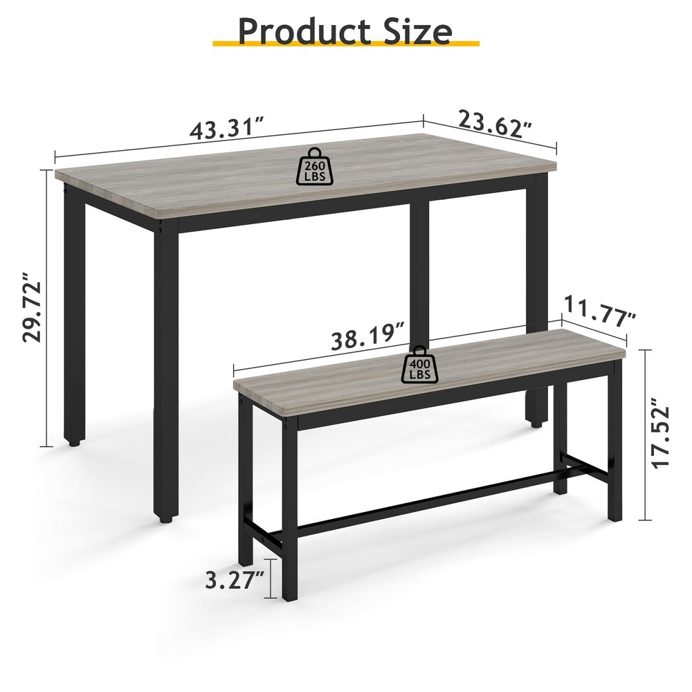 Dining Table Set for 4 with 2 Benches – Space-Saving Kitchen Table Set for Ki...