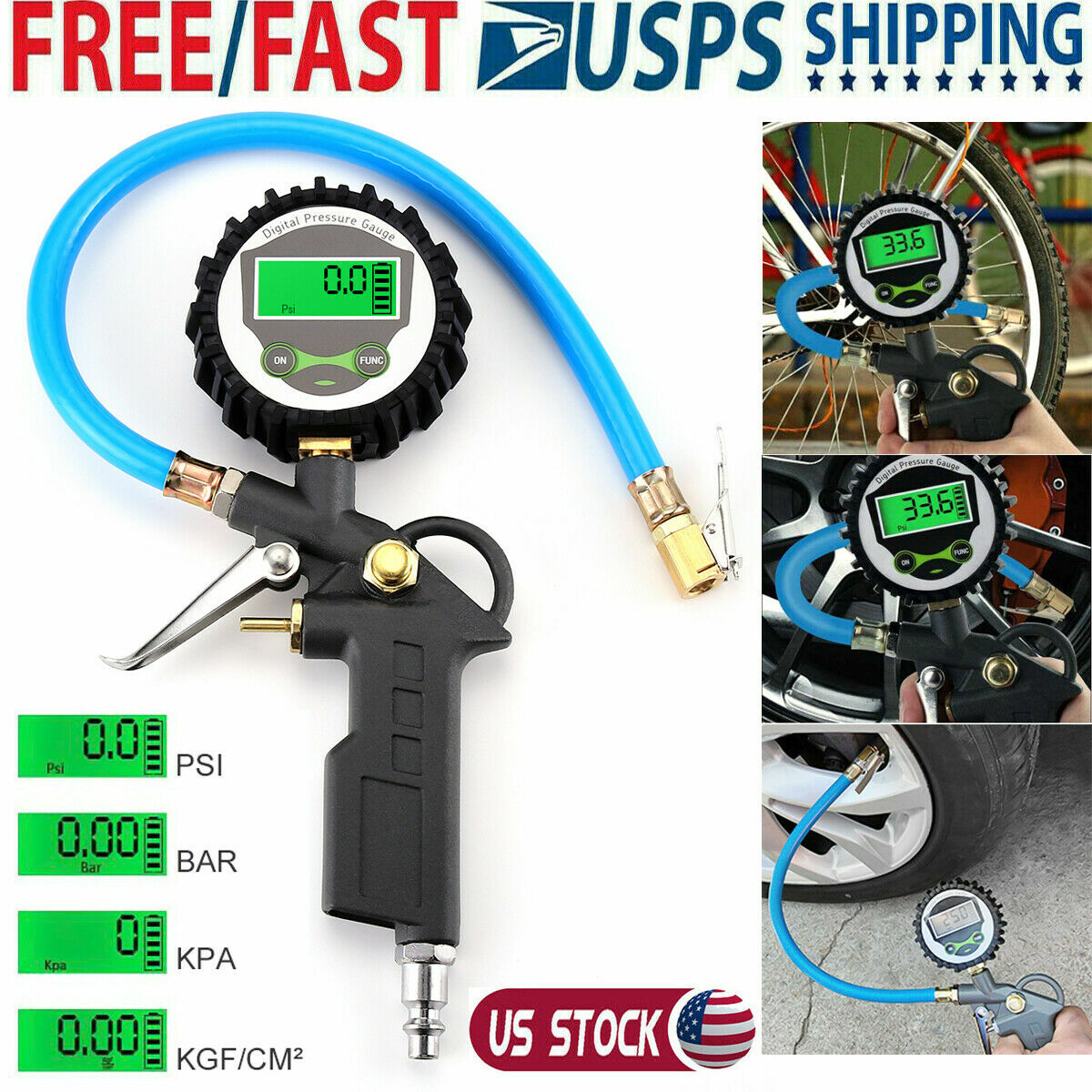 Digital Air Tire Inflator with Pressure Gauge 250PSI Chuck for TrucK/Car/Bike US