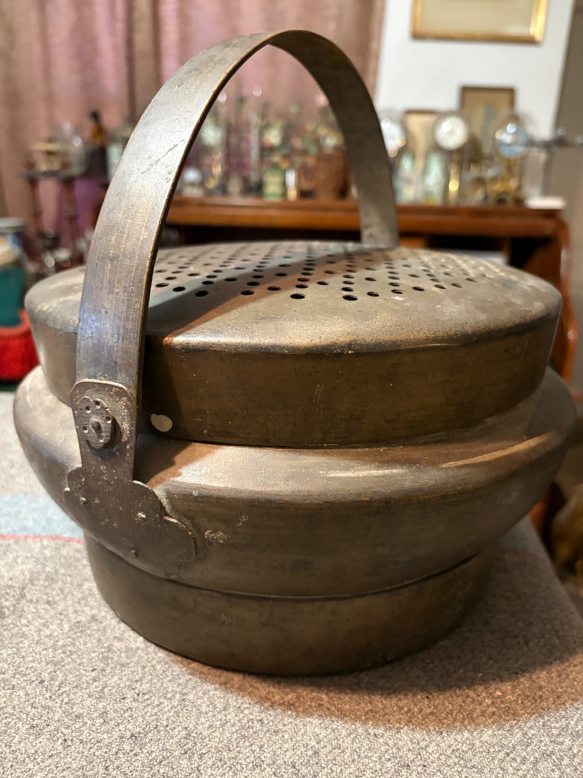 Antique Chinese bronze Hand Warmer w. lid & Handle 11" x 6"