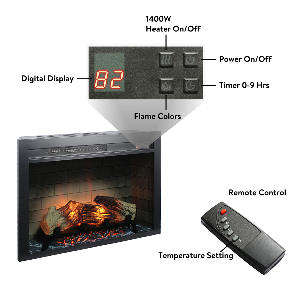 28 In Electric Fireplace Insert 3D Multicolored Flames Timing Function 400 Sq ft