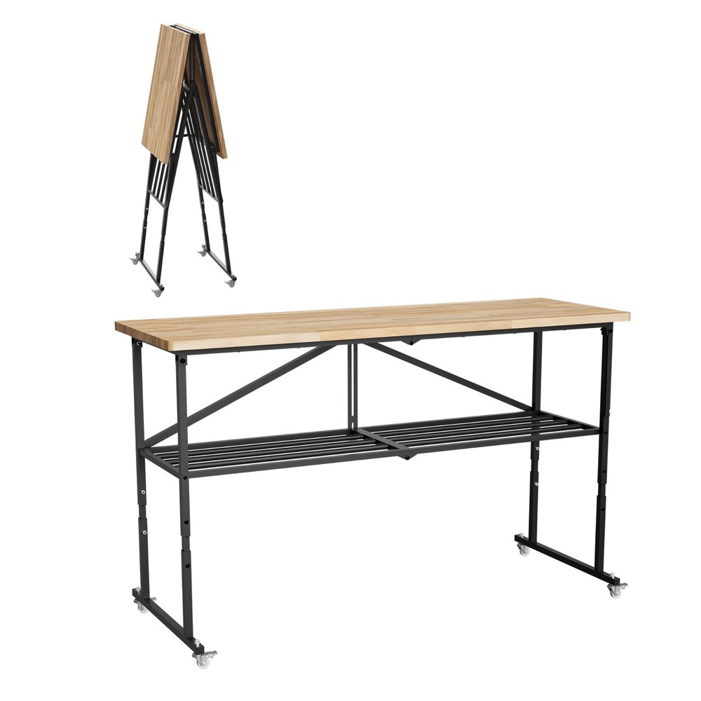 68.5" Foldable Hardwood Workbench Adjustable Solid Wood Top Workbench w/ Wheels