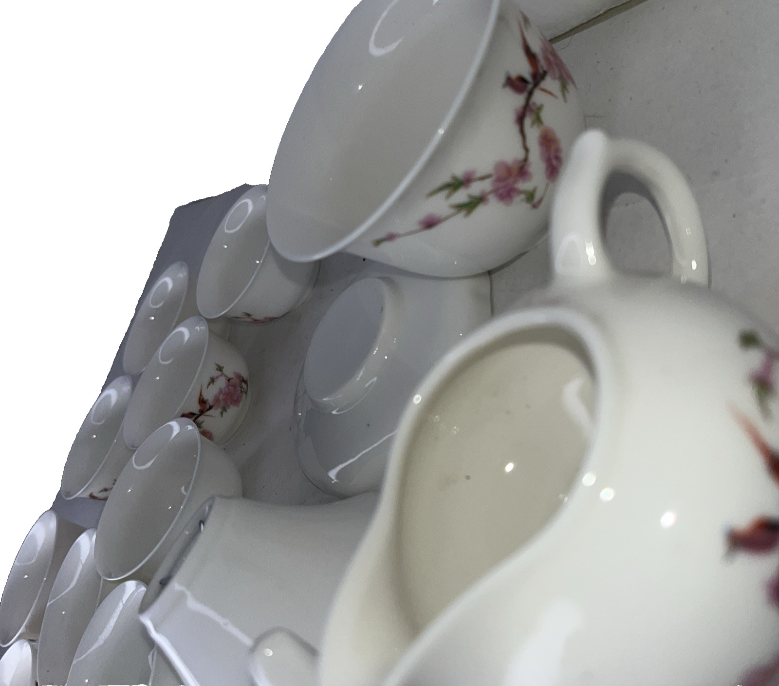 Vintage Asian Traditional Mini Bone China Tea Set White Pink Cherry Stem Bird