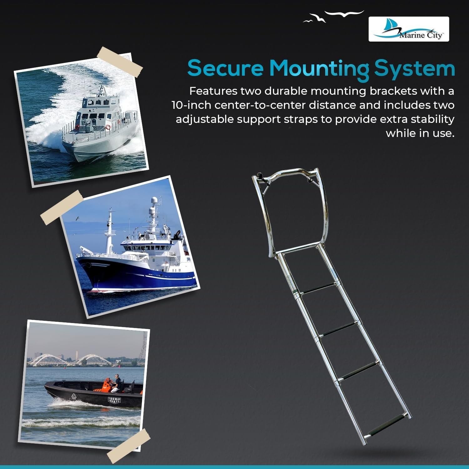 MARINE CITY 4-Step Telescoping Ladder 316 Stainless Steel Curved Mount for RIBs