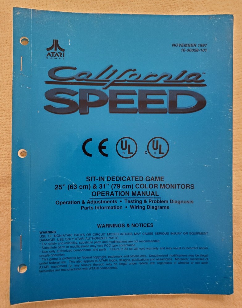 Original Atari California Speed Arcade Game Manual- Operation/Testing/Schematics