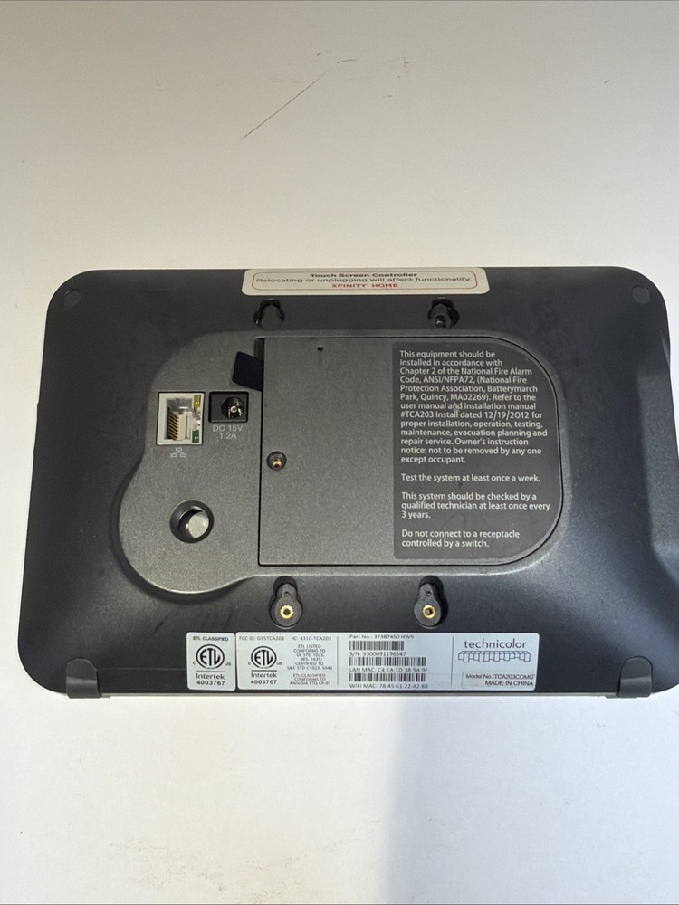 Xfinity Home Touchscreen Controller Model TCA203COMG Intertek 400367
