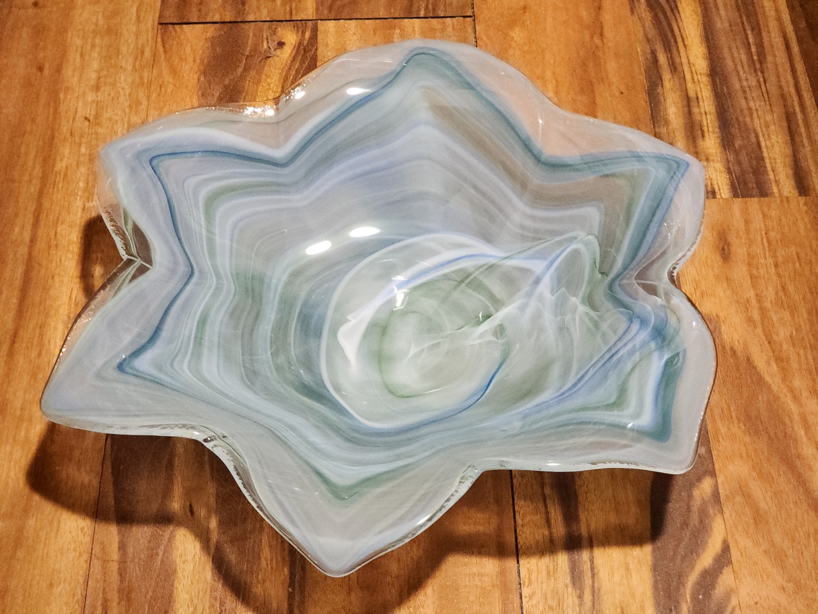 Vintage Murano Style Art Glass Swirl Bowl - Blue/Green/White Scalloped 14"