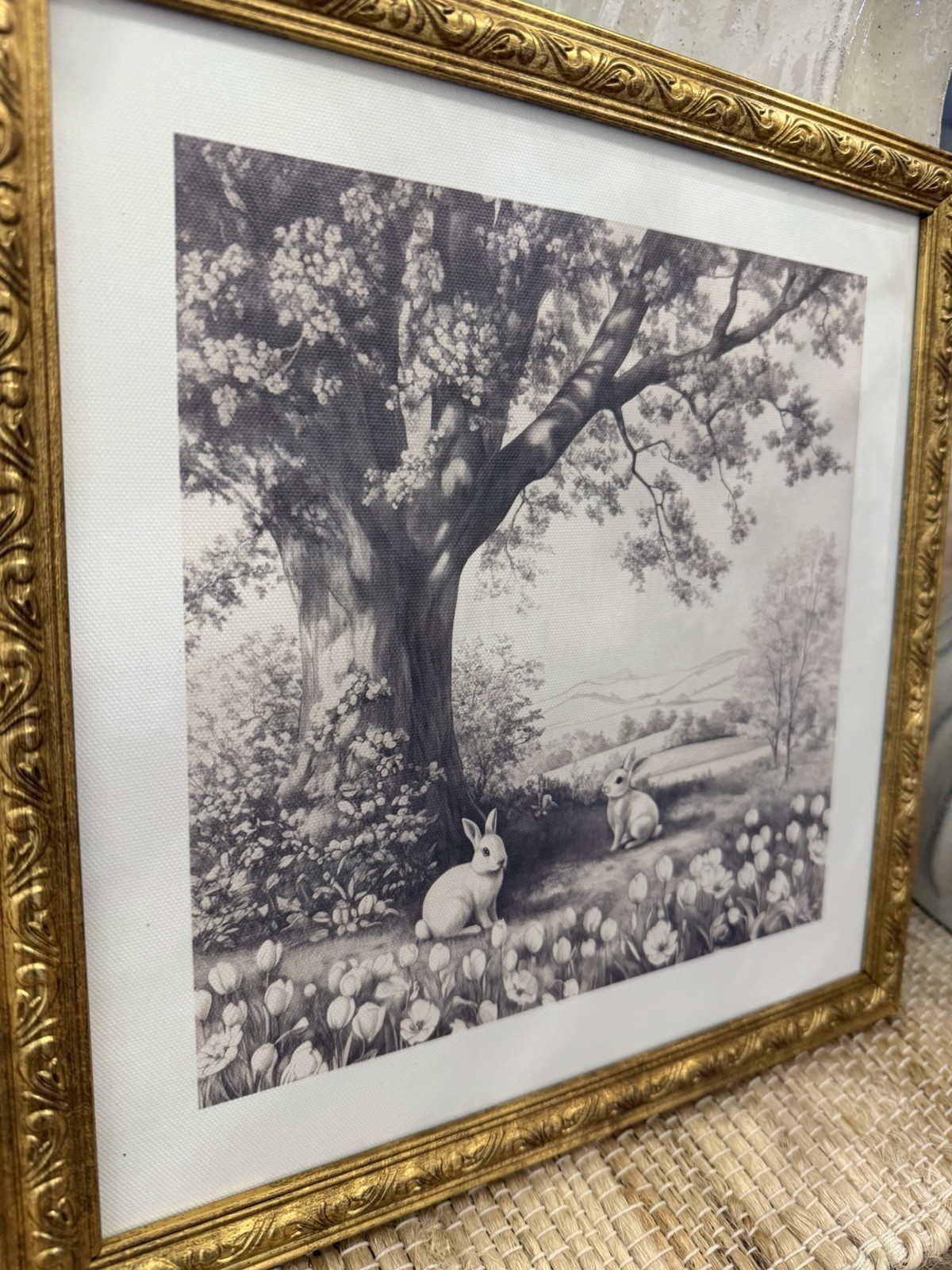 Bunnies in Nature Framed Easter Artwork, Black and White, 12" x 12", by My Texas