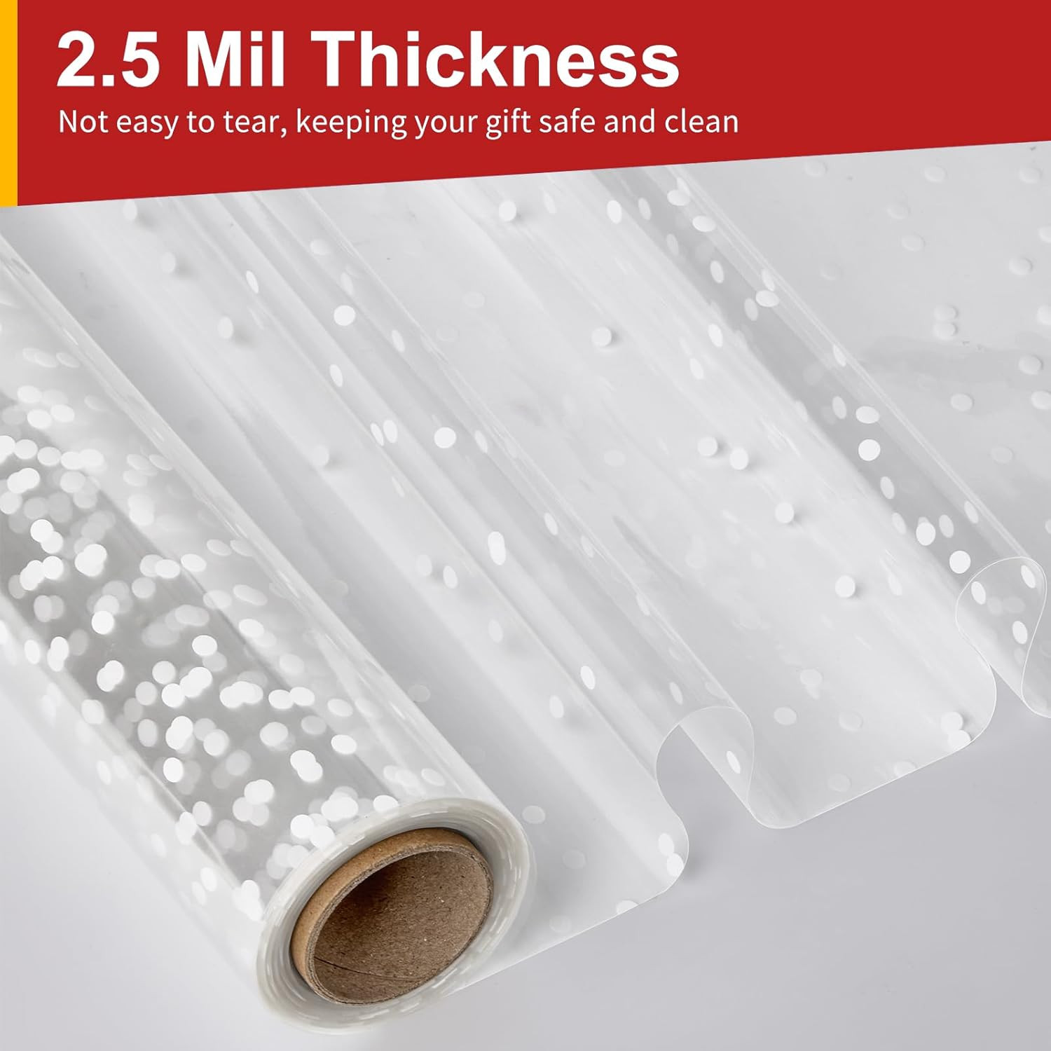 Clear Cellophane Wrap Roll 34 x 100 Ft with White Dots, Waterproof Gift Wrapping