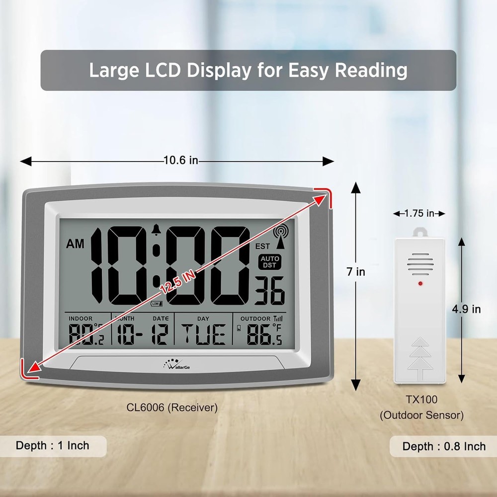 Atomic Wall Clock with Indoor/Outdoor Temperature Display